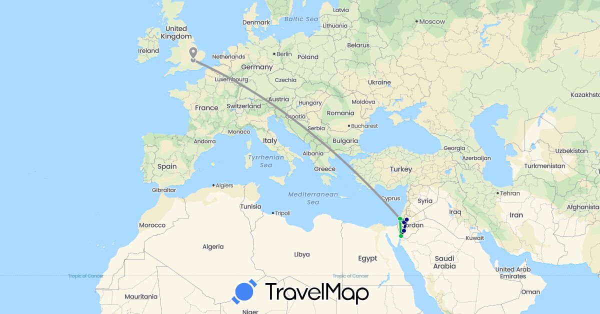 TravelMap itinerary: driving, bus, plane in United Kingdom, Israel, Jordan (Asia, Europe)